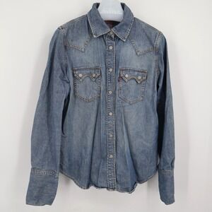 Levi's Denim Snap Front Shirt Vintage Retro Look Size M Cowgirl Western Santa Fe